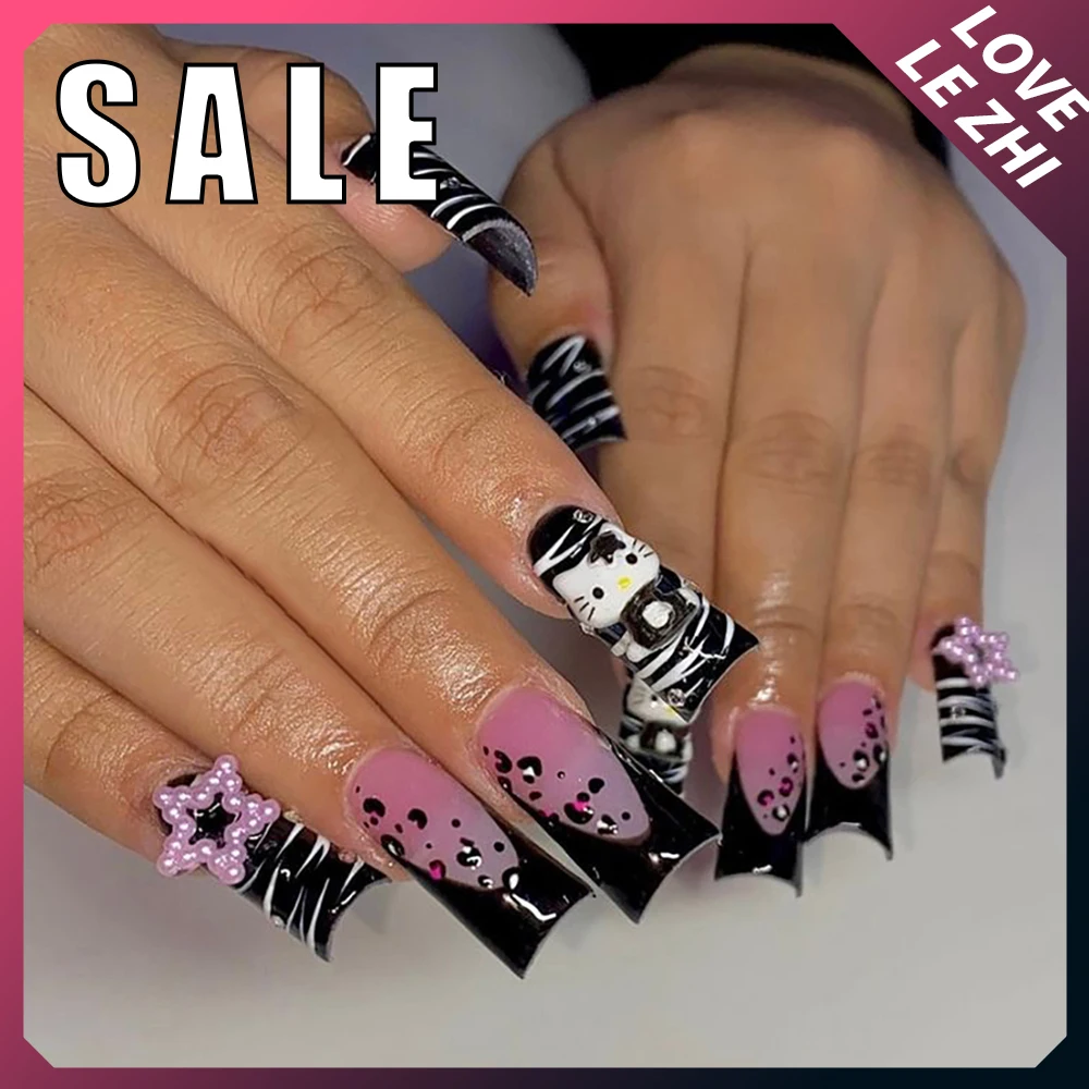 Y2k 10 peças olá kitty formato de bico de pato feito à mão unhas falsas listradas zebra pentagrama francês artificial cobertura completa promoção de unhas