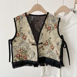 Vintage Bohemian Boho Chic Gypsy Hippie Ibiza Bali frange Jacquard Cropped Vest 2024 Retro Cottage Core Holiday Vacation Top