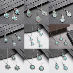 2023 Bohemia Ethnic Jewelry Set For Women Vintage Tibetan Silver Plated Geometry Green Turquoises Necklace Earrings Sets Jhumka