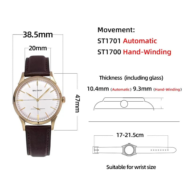 Baltany S4092 Crosshair Dial Small Seconds Retro Watch ST1701 Automatic Movement Waterproof Mechanical Dress Watches for man