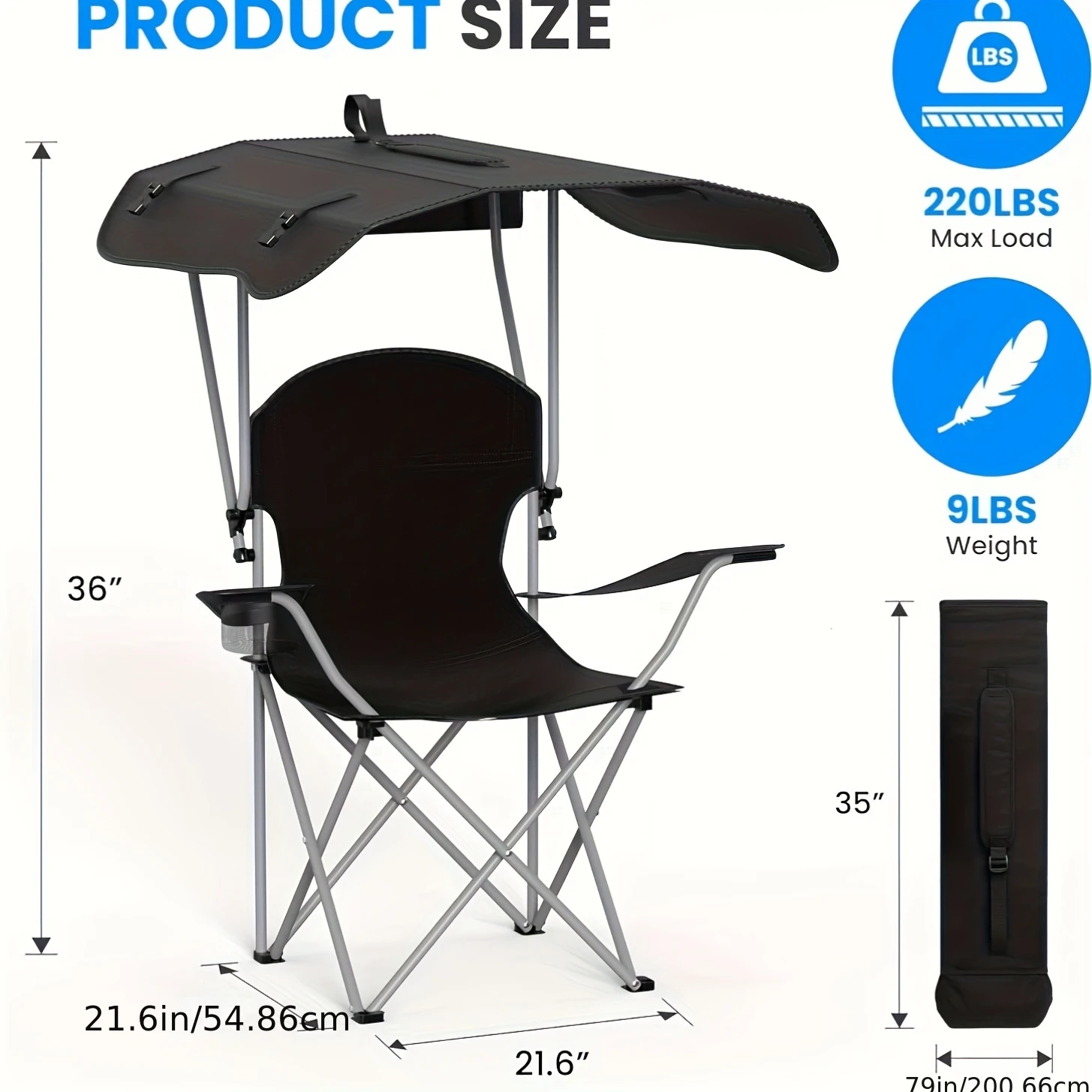 Portable folding fishing chair with sunshade - equipped with cup holder, portable and lightweight design, suitable for beaches image 3