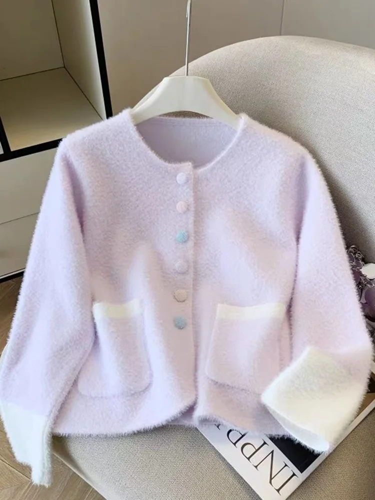 Faux Nertsen Kasjmier Zoet Vest Vrouwen Lange Mouw O Hals Elegante Gebreide Truien Koreaanse Herfst Winter Mode Zachte Zakken Tops