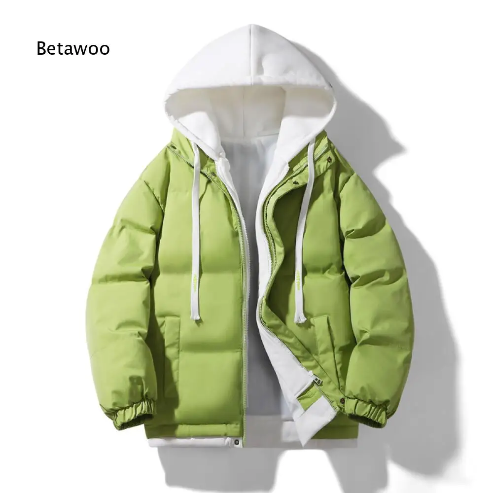 Loose Fit Fake Two Piece Hooded Puffer Jacket For Men Zip Up Elastic Cuff Side Pockets Warm Outer Coat For Fall Winter Occasions