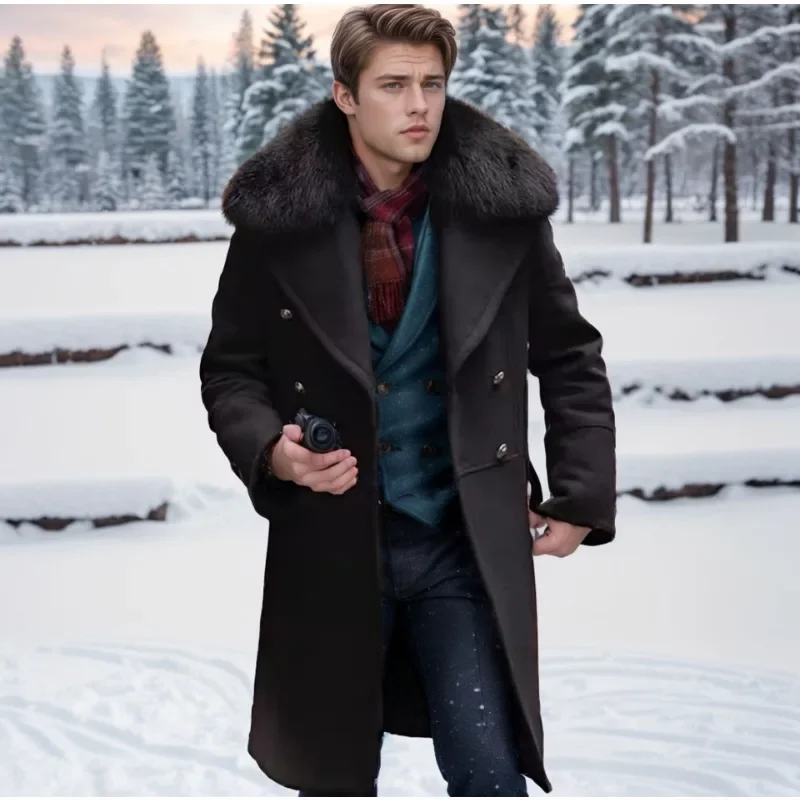 Mens Winter Double-breasted Woolen Overcoats Mens Casual Slim Fur Collar Long Wool Coats Outdoor Thicken Warm Windproof Jackets