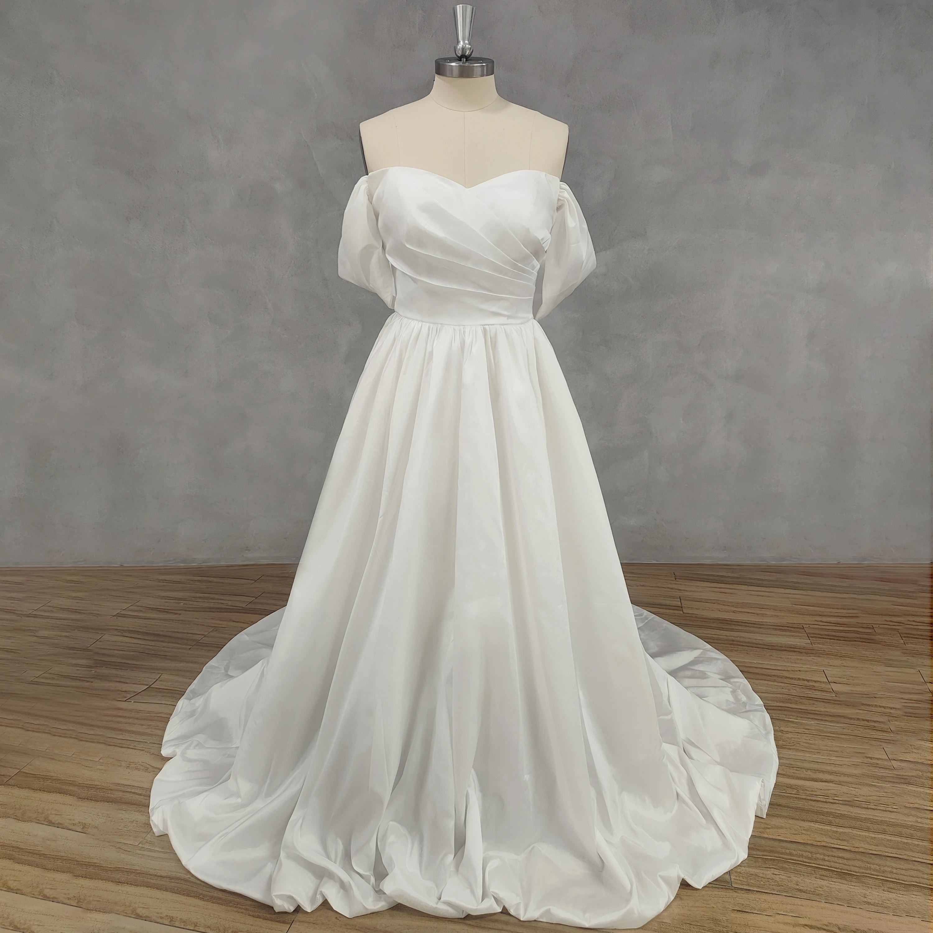 

DIDEYTTAWL Real Picture Princess V-Neck Off-Shoulder Satin A-Line Wedding Dress Zipper Back Court Train Bridal Gown Custom Made