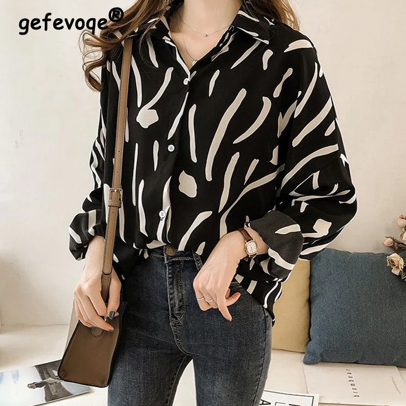 

Women's Graffiti Print Chic Casual Oversized Streetwear Button Up Shirts Spring Korean Lapel Long Sleeve Top Blouse Blusas Mujer