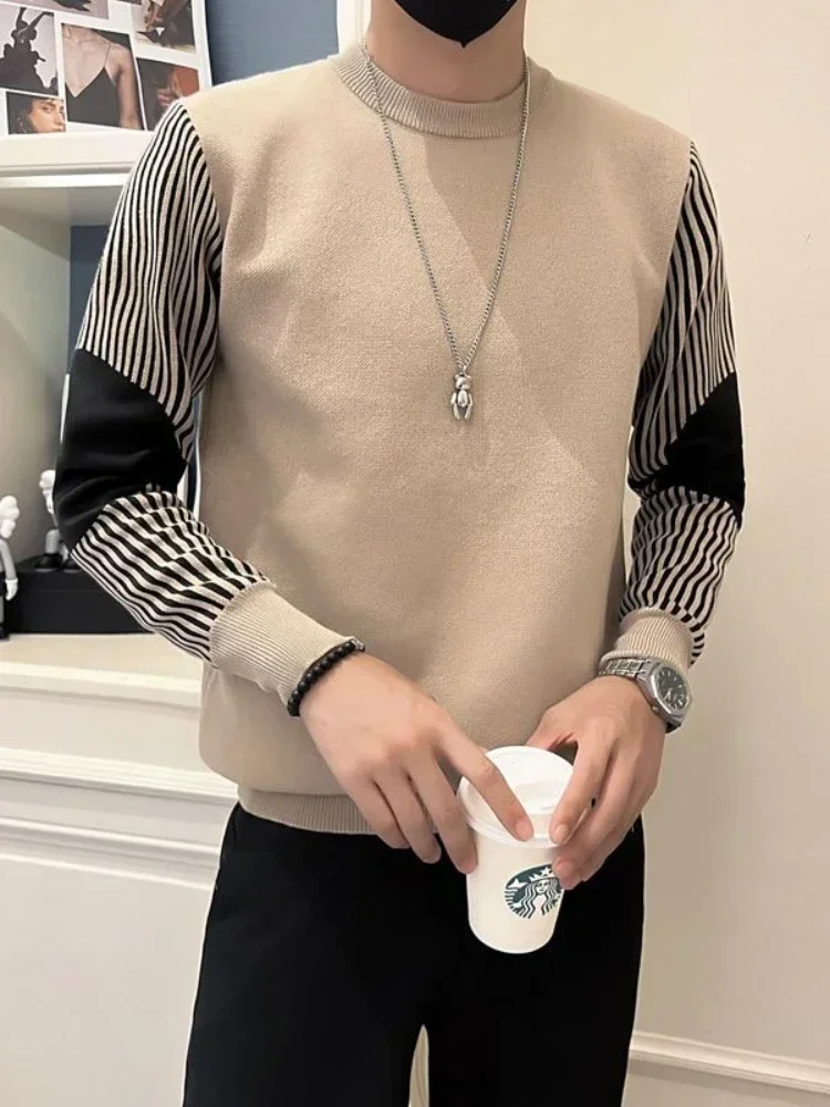 

Knit Sweater Male Pullovers Black Men's Clothing Striped Spliced Baggy Korean 2024 Autumn Mode Style Clothes X Spring Overfit V