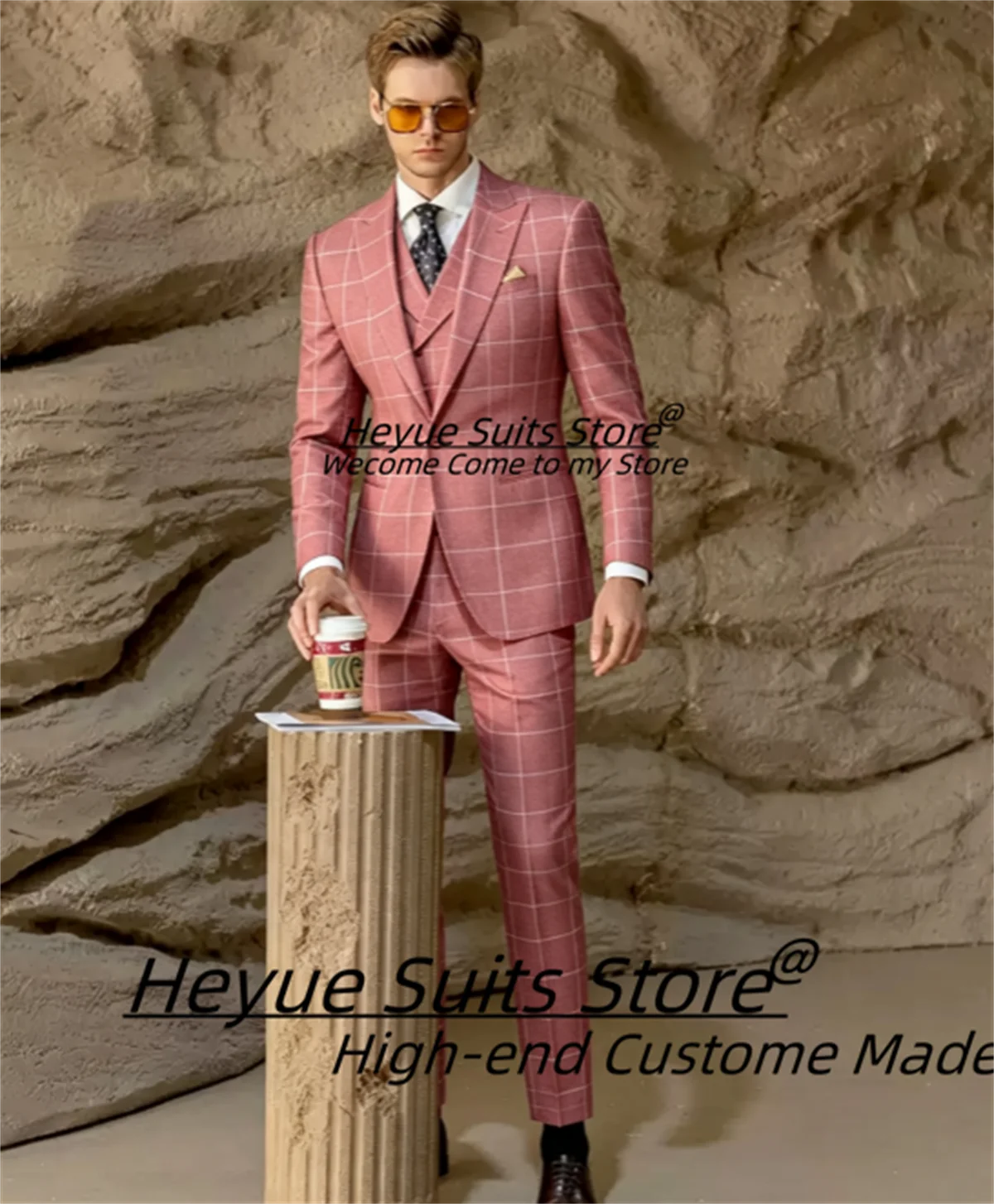 Fashion Pink Windowpane Plaid Men Suits Slim Fit Wedding Groom Tuxedos Formal Business Party Male Blazers trajes para hombre