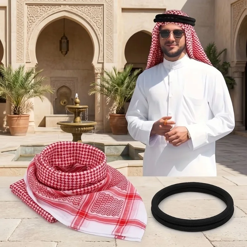 2Pcs Mens Arab Headscarf Muslim Shemagh Keffiyeh With Black Agal Traditional Prayer Turbante Daily Worship Outdoor Wrap Headwear