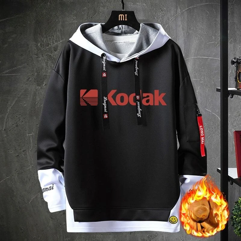 KODAK Winter Fleece Hoodie for Men, Black White Film Photographer Camera Enthusiast Casual Long Sleeve Top
