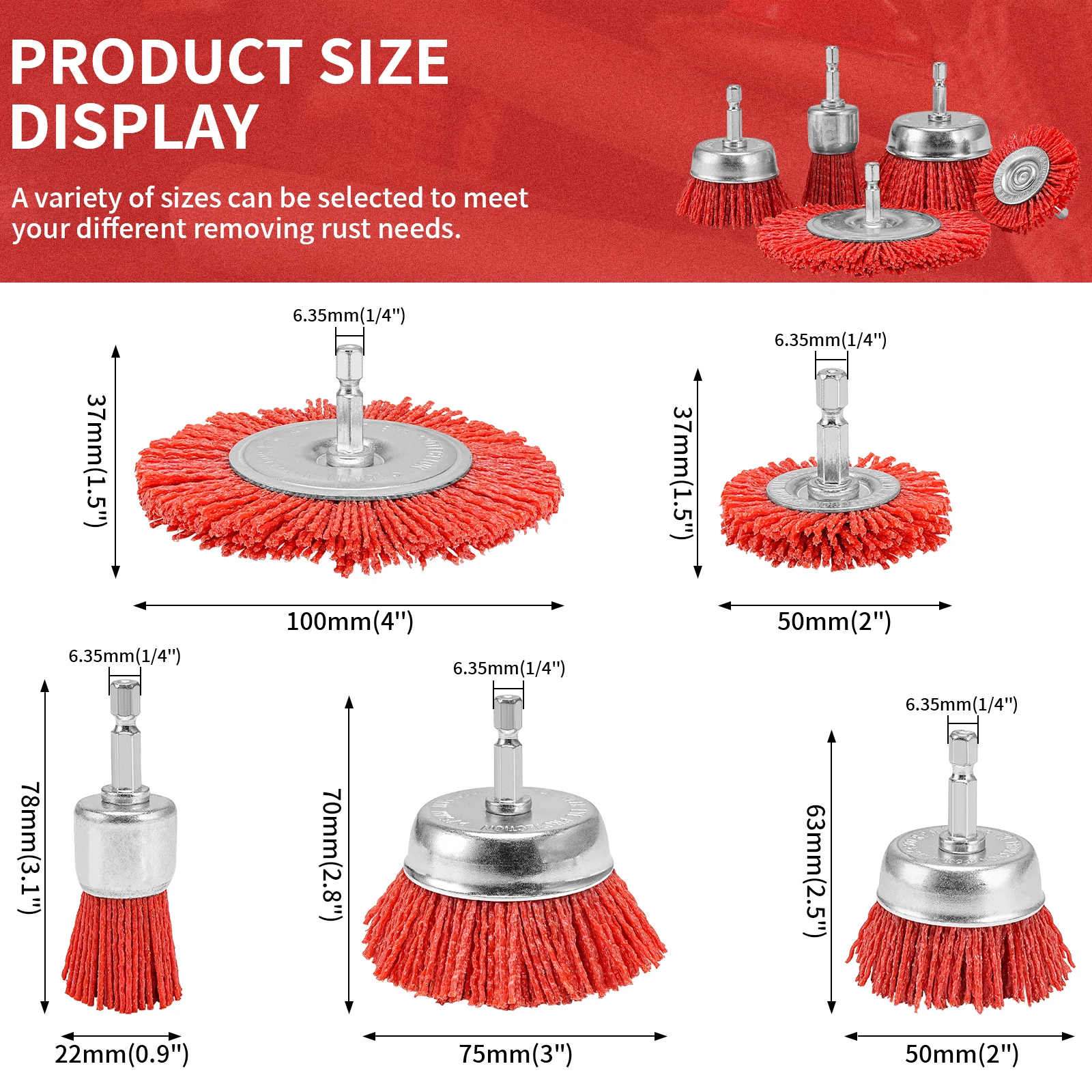 NuoDun 5pcs Nylon Filament Abrasive Brush Wheel Cup Brush Set Hexagonal Handle Drill Brush for Rust, Corrosion and Paint Removal