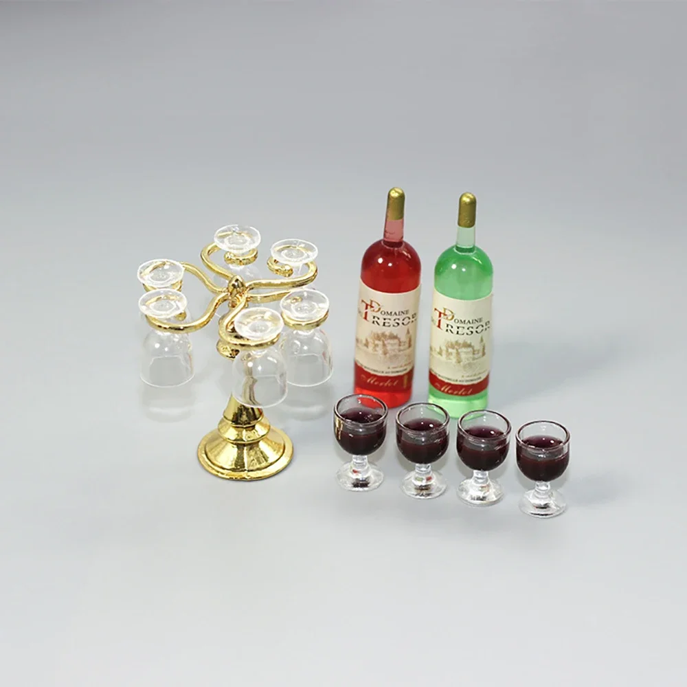 1/12 Dollhouse Miniature Wine Glass Goblet Wine Bottle Rack set Model Toy for Doll House Accessories Decoration ob11 bjd