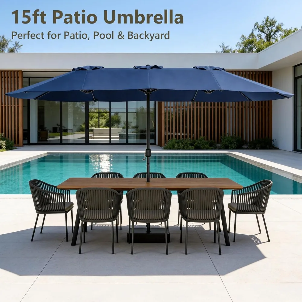 15FT Patio Umbrella, Double-Sided Outdoor Umbrella with base included, Large Standing Umbrella with Crank Handle, Customized