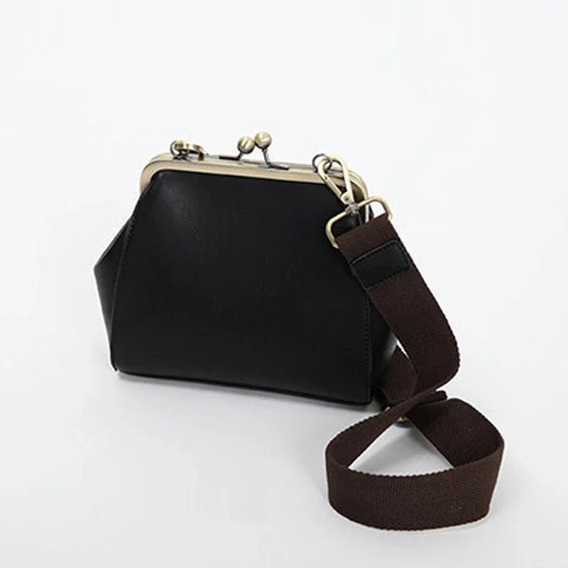 MJ Vintage Women Handbag Kiss Lock PU Leather Clip Bags Female Retro Shoulder Bag Lady Purse Black Leather Messenger Bags