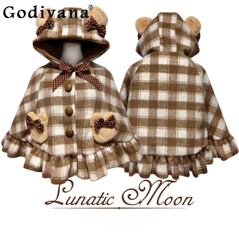 

Japanese Sweet Lolita Plaid Hooded Cloak Autumn Winter New Soft Girls Kawaii Sweet Bow Warm Short Jacket Y2K Capes Ponchos
