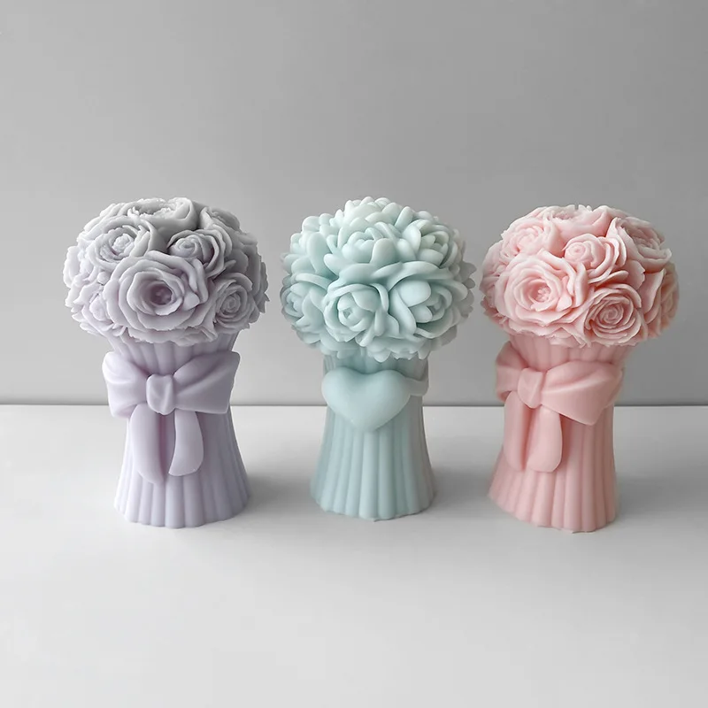 3D Love Heart with Bow Bouquet Rose Candle Silicone Mold DIY Flower Soap Plaster Epoxy Making Handmade Chocolate Baking Tools