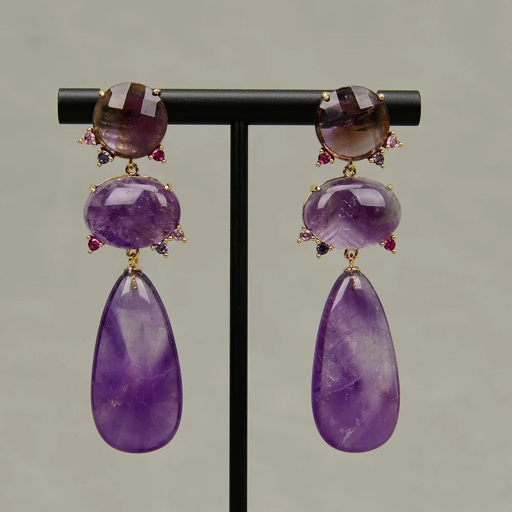 

Natural Purple Amethyst Quartz CZ zircon Earrings Gold Plated Luxury Classic Teardrop Wedding Jewelry Gifts