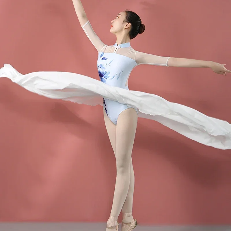 Maillot de bain bleu à col montant pour entraînement de danse, costume de batterie, trou de serrure ouvert, impression à l'encre, bouton de nœud chinois, justaucorps de ballet