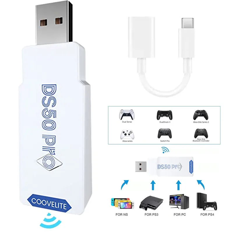 COOV DS50 Pro Wireless USB Adapter Dongle Converter for PS5 PS4 Switch Pro Xbox Controllers Support PS4 PS3 Switch Consoles PC