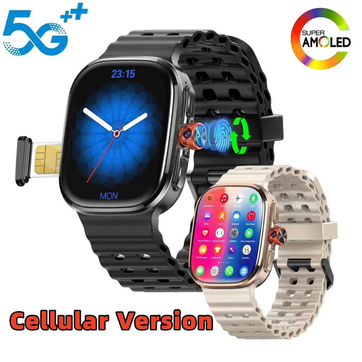 Montre connectée M100 2,29 pouces AMOLED 5G LTE Full Netcom Android 15.0 avec 190 °   Caméra rotative Touch ID GPS WIFI