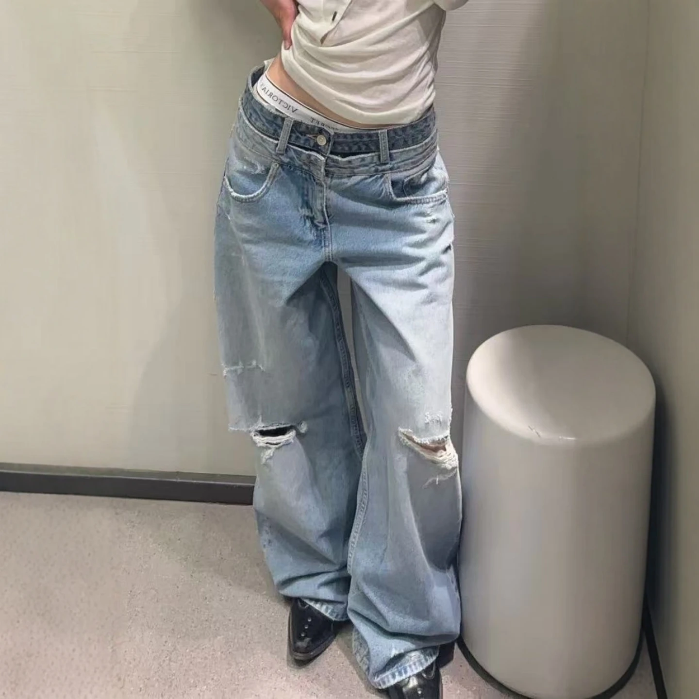 Women's Distressed Soft Fabric Double Layer Waist Straight Leg Jeans mid Rise Button Fly Blue Denim Spring Summer Fashion