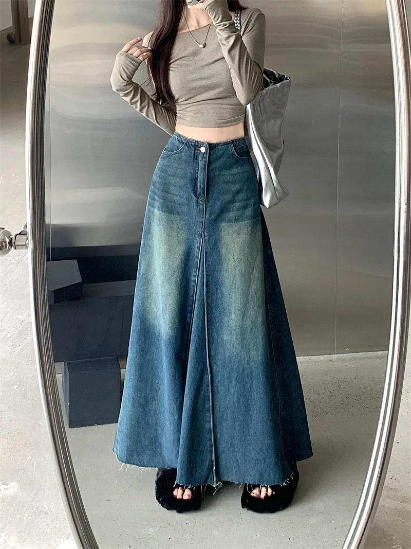 MiiiiX Casual Style Retro Washed Denim Skirt Women 2024 Autumn Loose High-waisted Slim A-line Splicing Long Skirt Female Clothes