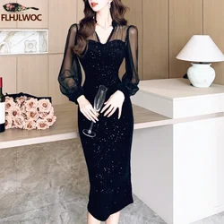 New Year French Design Party Dress Elegant Evening Retro Vintage Qipao Stand Split Slim Fit Wrap Hip Sexy Sheer Mesh Bling Dress