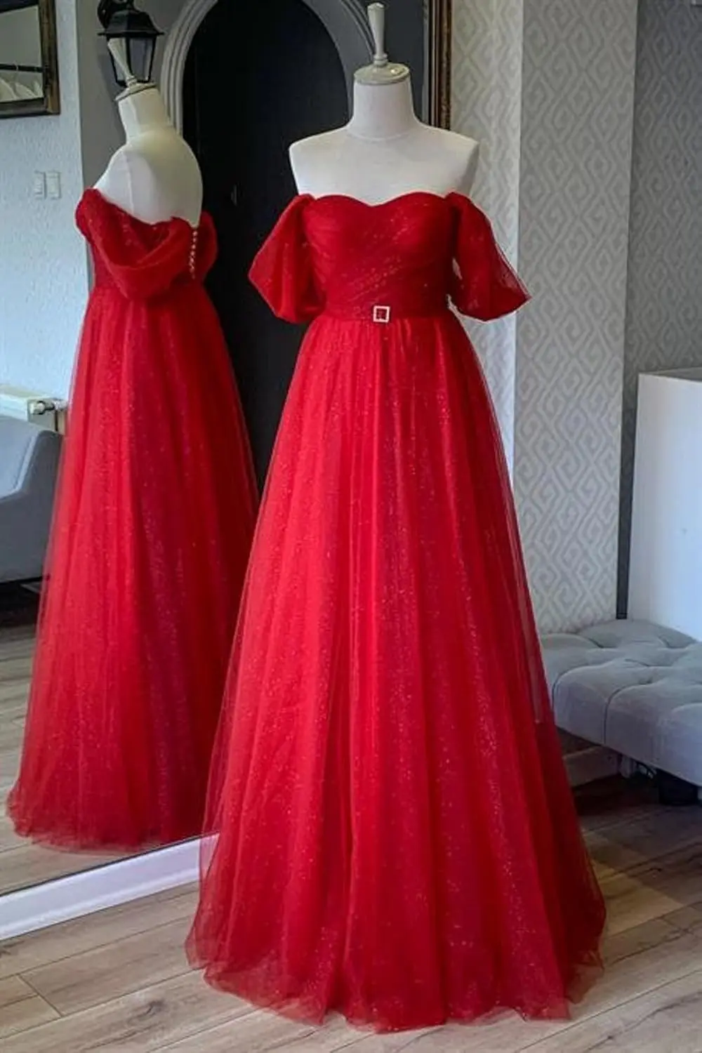 Robe de bal longue en Tulle à paillettes, épaules dénudées, bouffante, pour femmes, robe formelle élégante