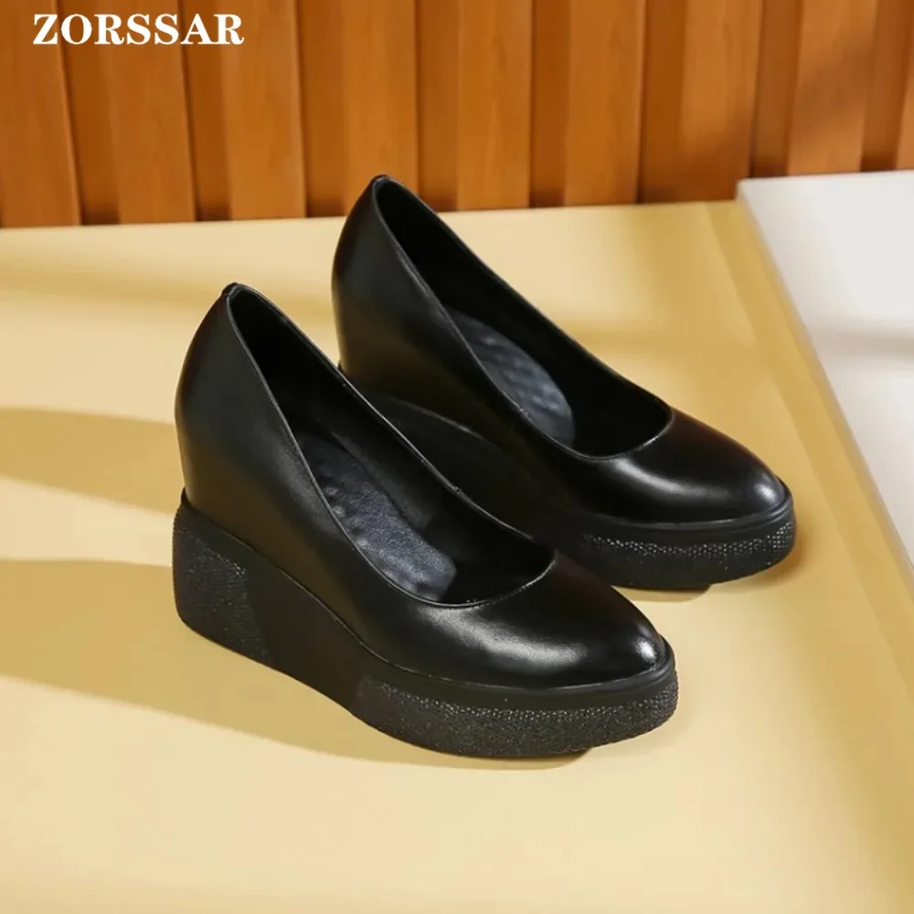 2024 New Wedges Shoe Platform Elegant Boat Shoes Slip-on Pumps Genuine Cow Leather Women\'s Hidden High Heels Shallow Office Lady