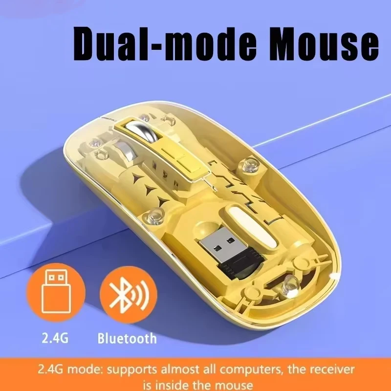 Transparent Wireless Mouse Dual Mode 2.4G Bluetooth-compatible Rechargeable Mouse Noiseless Cordless Computer Mice