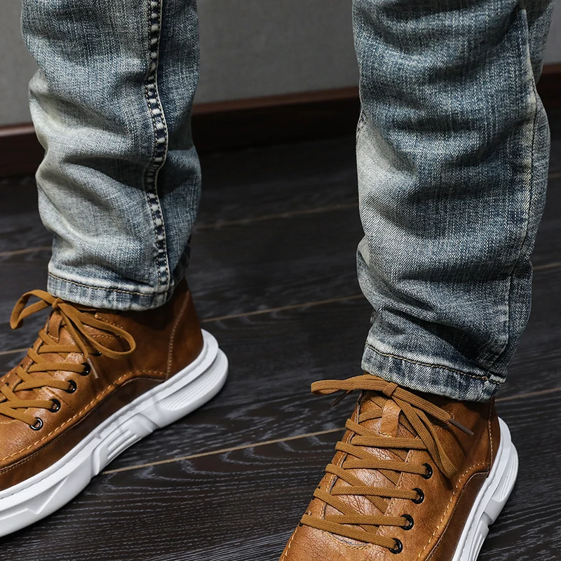 Fashion Designer Men Jeans Retro Washed Blue Stretch Slim Fit Ripped Jeans Men Embroidery Patched Vintage Denim Pants Hombre