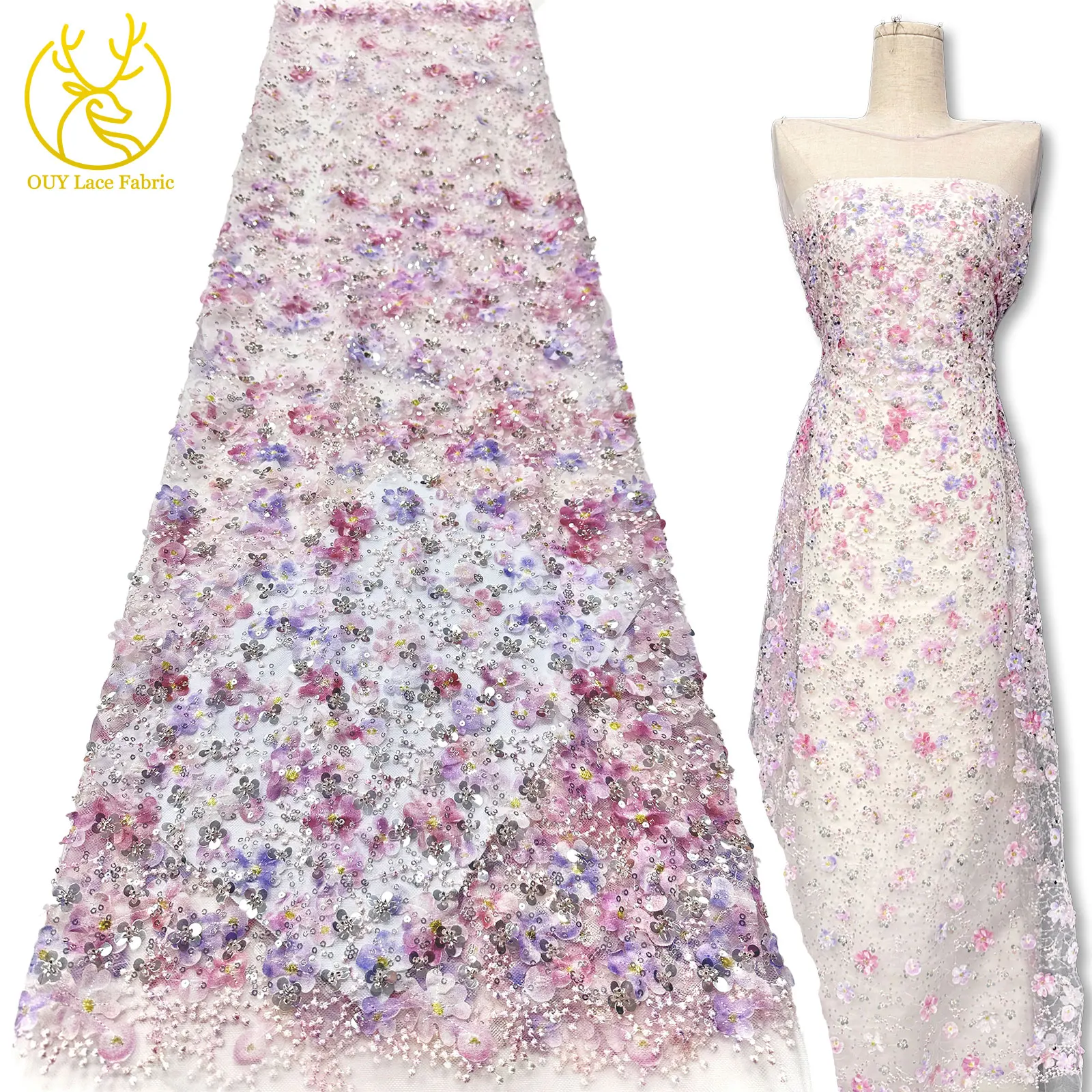 

Latest Fashion Elegant Bridal Wedding Dress Decoration Lace Fabric 2025 Africa France 3D Flower Sequin Lace Fabric Dress Sewing