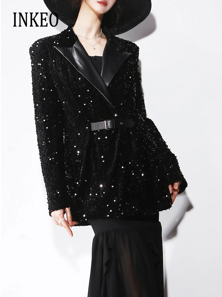 

Luxury Shimmery sequined blazer with belt women 2023 New collection Party PU Notched collar patchwork jacket Female INKEO 3O242