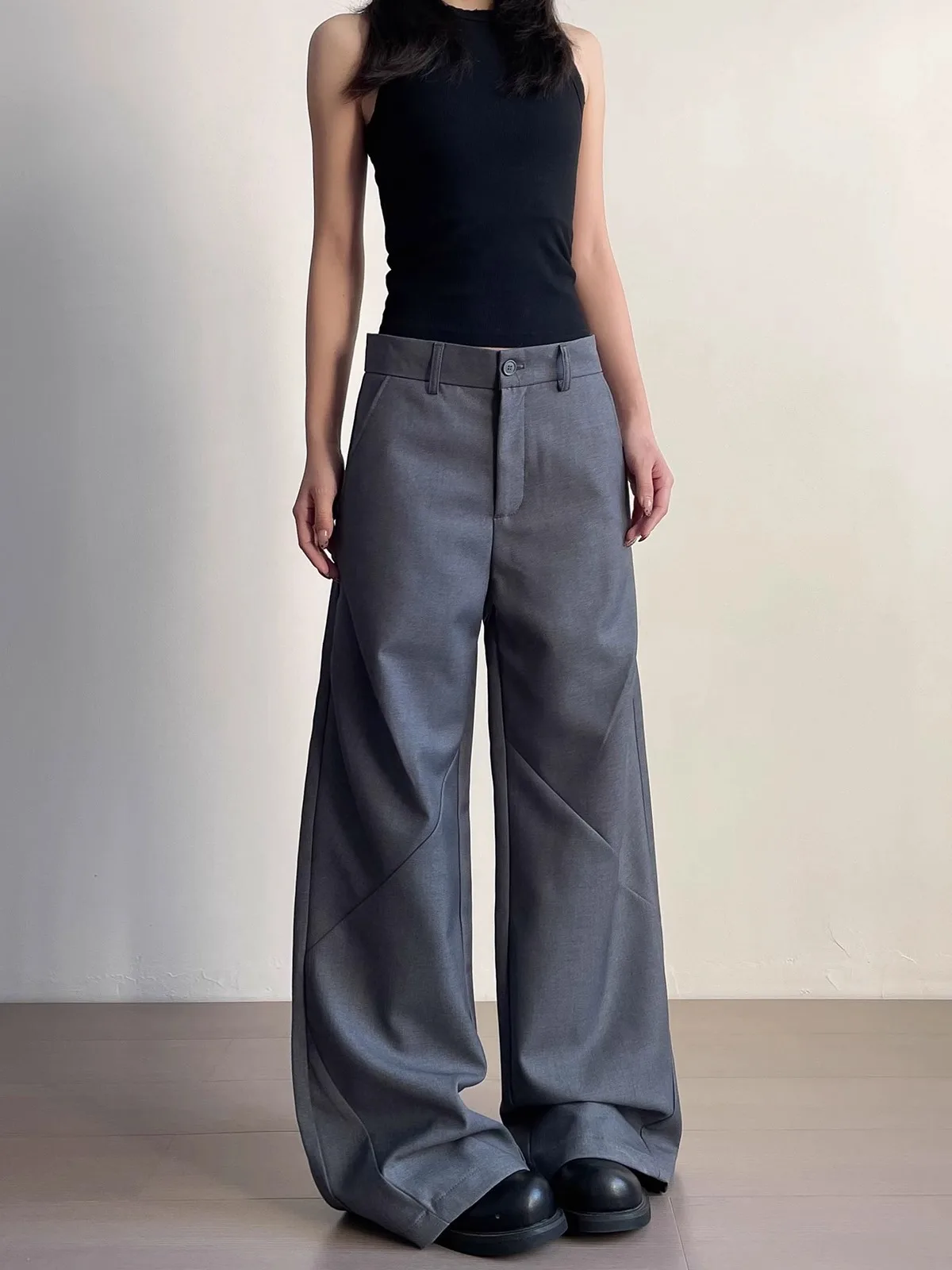 Women Suit Pants 2025 Spring Autumn New Fit Pants High Waist Pleated Straight Wide Leg Pants Floor Women's Chic Trousers