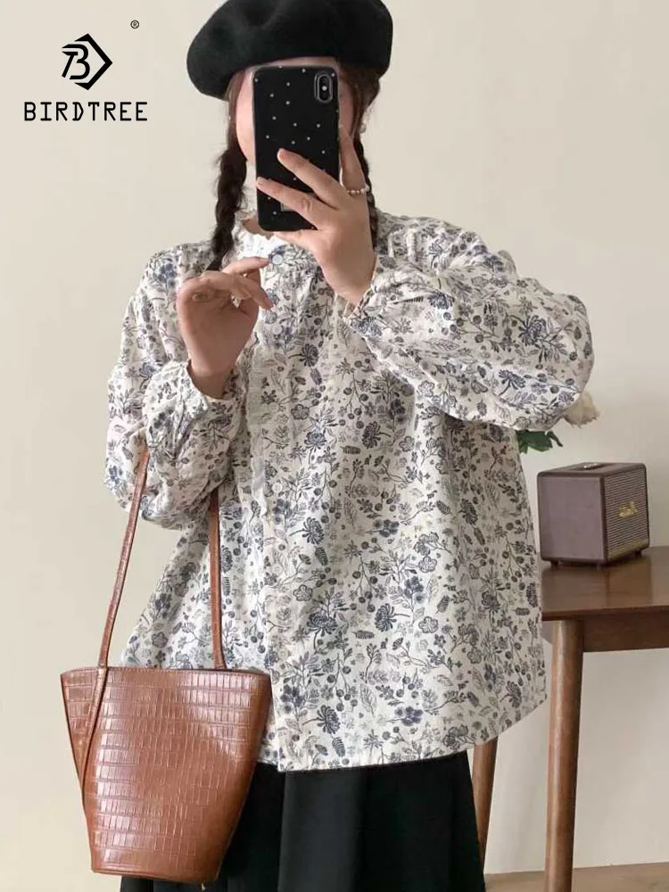 

New 2025 Winter Cotton Yarn Long Sleeve Shirt, Women Ruffled Floral Print, Mori Girl French Prairie Chic Loose Blouse T5N921CC