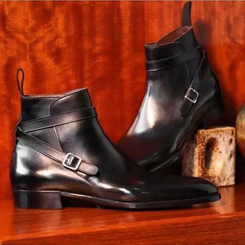 New In Black Buckle Strap Boots for Men Square Toe Ankle Boots for Men with Zapatos De Seguridad Hombre Men Boots