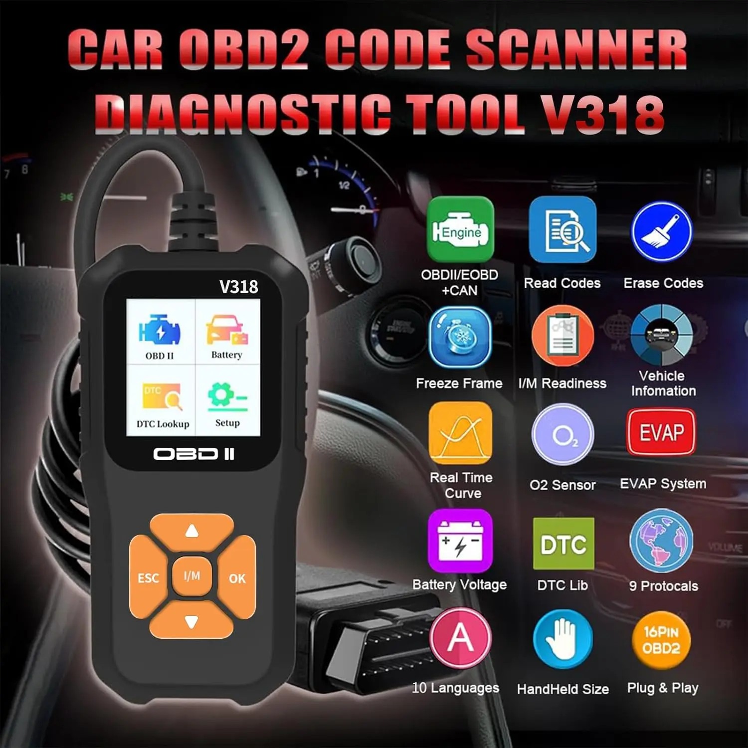 V318 OBD2 Scanner Color Screen Clear Engine Error Codes Check Engine Indicator Diagnostic Tool Multilingual Battery Tester