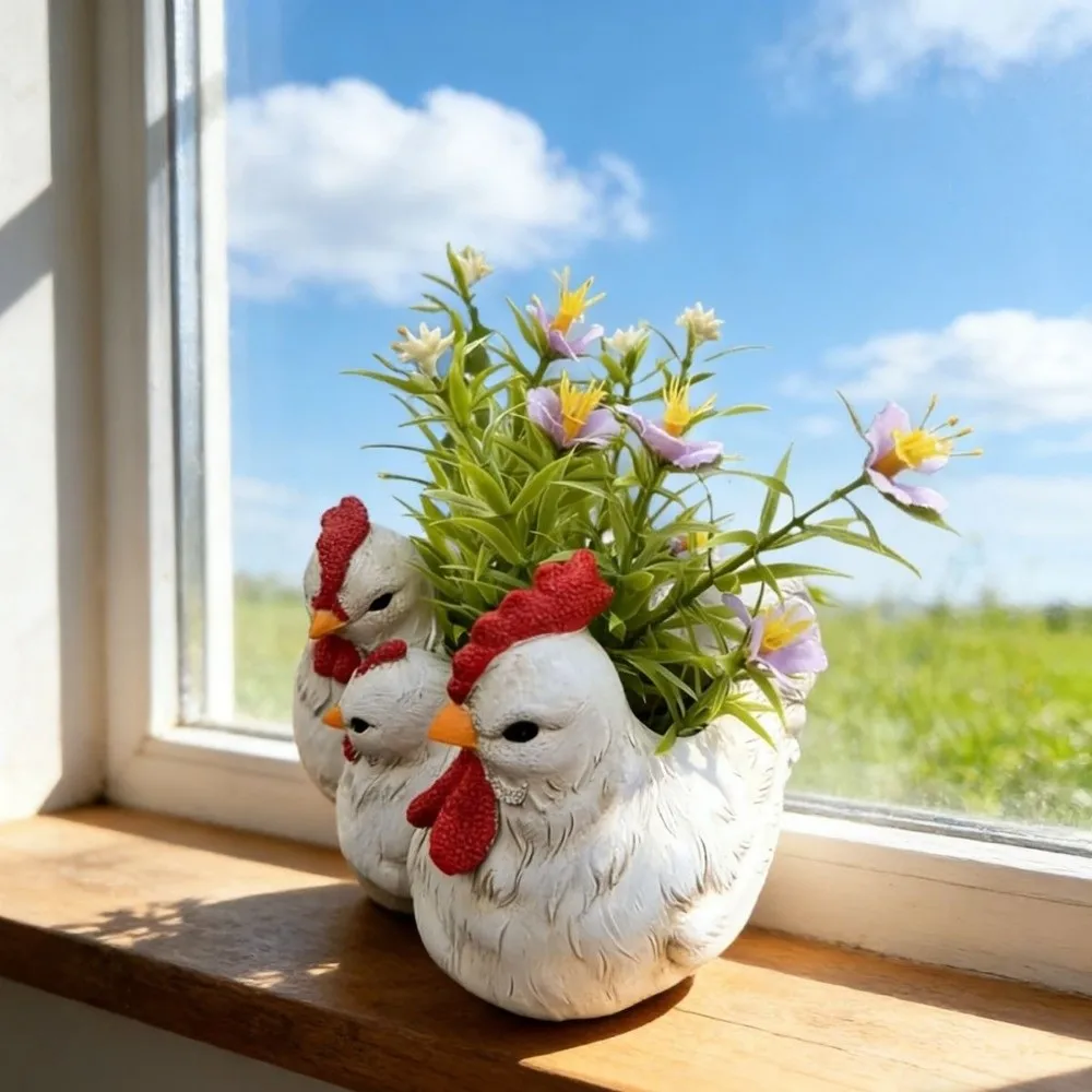 Home Decor Decoration Chicken Family Flowerpot Funny Farmhouse Style Garden Statue Resin Yard Ornaments Plant Pot Kitchen