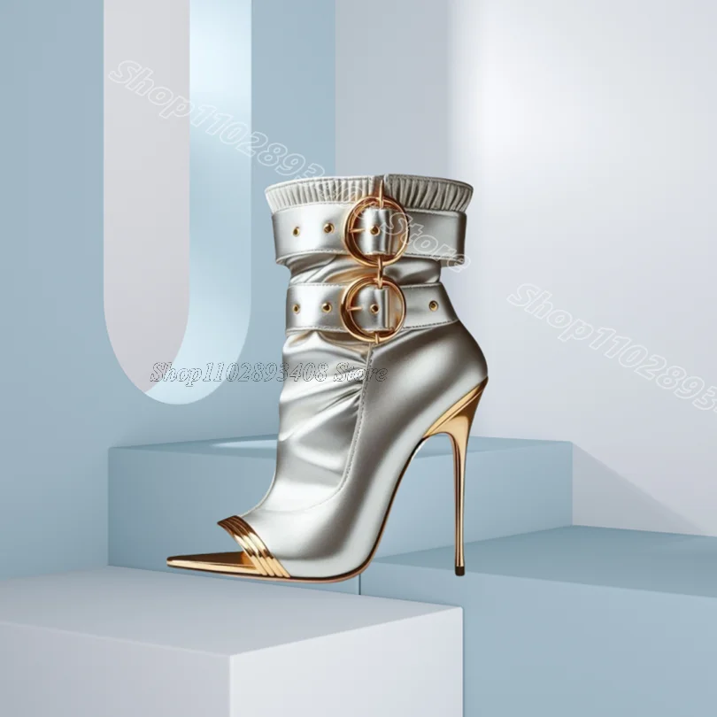 

Silver Splicing Buckle Decor Boots Stiletto Open Toe British Style Party Dress Summer for Women Sandal Boots Zapatos Para Mujere