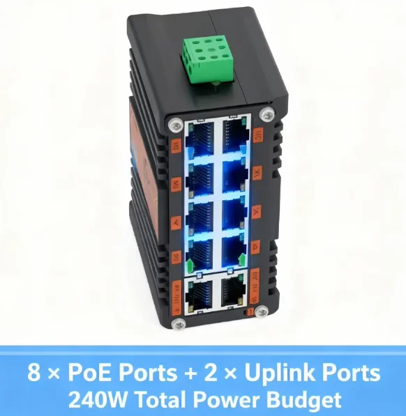 

Мини-промышленный 10-портовый гигабитный коммутатор PoE с 8 портами 802.3at 240 Вт