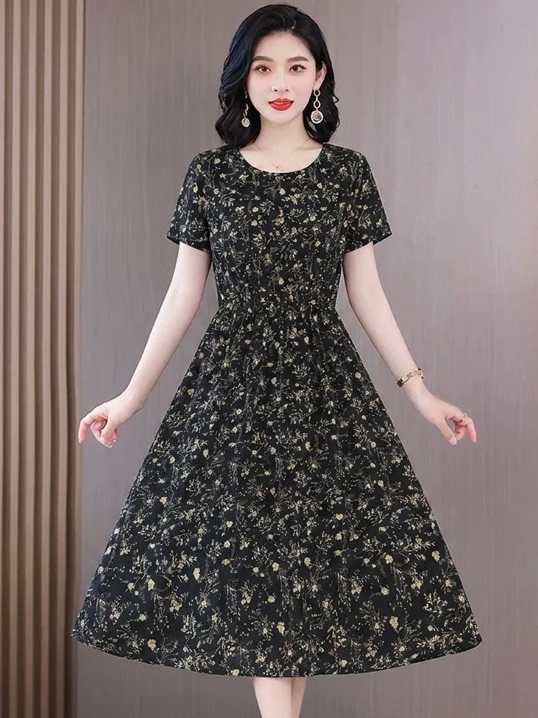 

Elegant Floral Print Maxi Dress Short Sleeve Women's Summer Slimming Mommy Style Casual Loose Fit Polyester Fiber round Neck