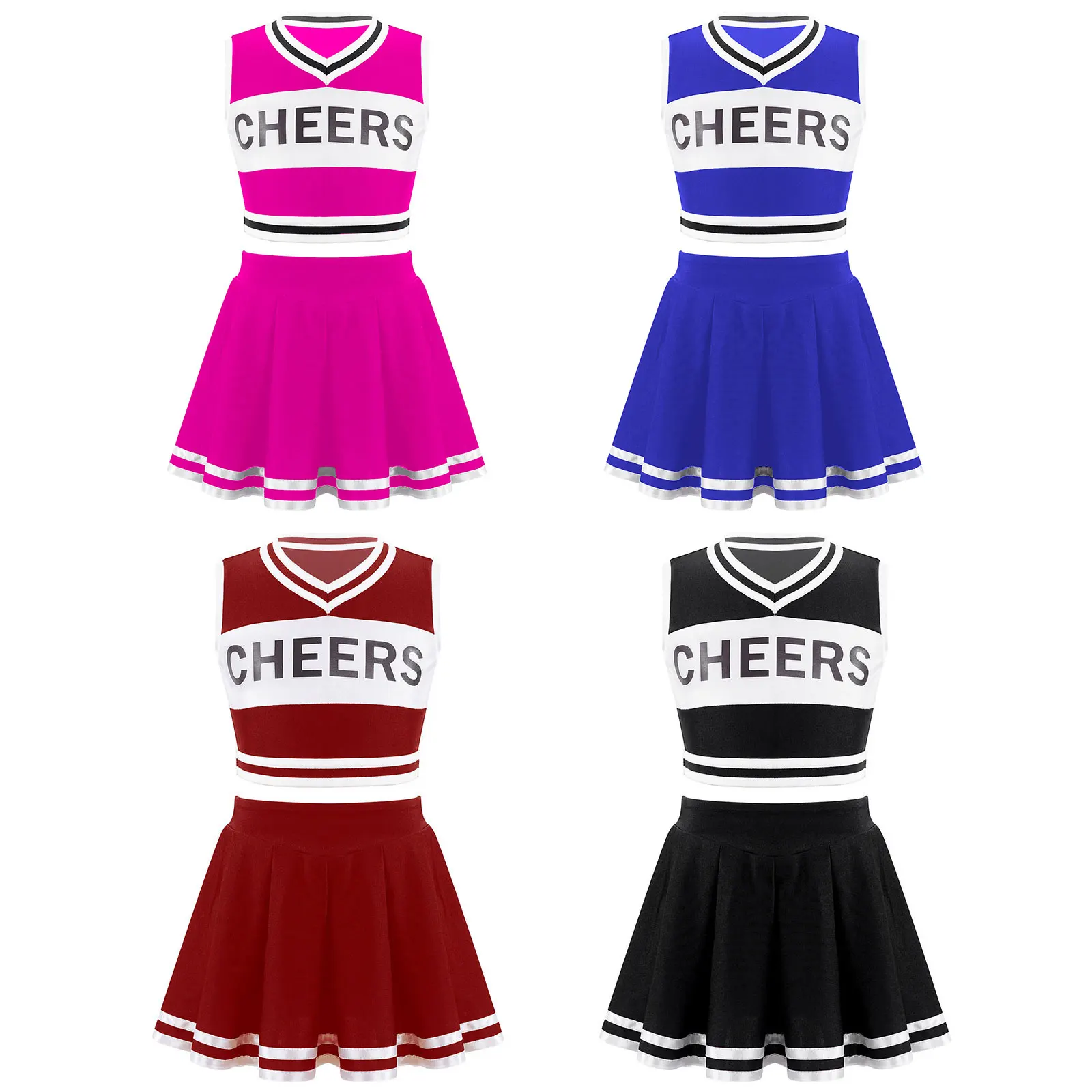 Kinder Mädchen Cheerleading gedruckt Kontrast farbe Set ärmelloses V-Ausschnitt Crop Top mit Falten rock für Tanz performance