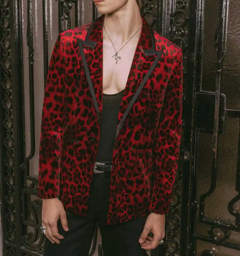 ليوبارد طباعة الرجال الدعاوى سليم صالح 2 قطعة سترة السراويل بلغت ذروتها التلبيب زر واحد مناسبة خاصة مخصص trajes الفقرة hombre