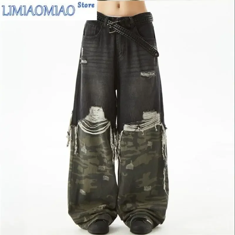 

Women's Splicing Camouflage Design Neutral Denim Trousers Summer Cool Girl Pant Vintage Bottoms Female High Waist Wide-leg Jeans