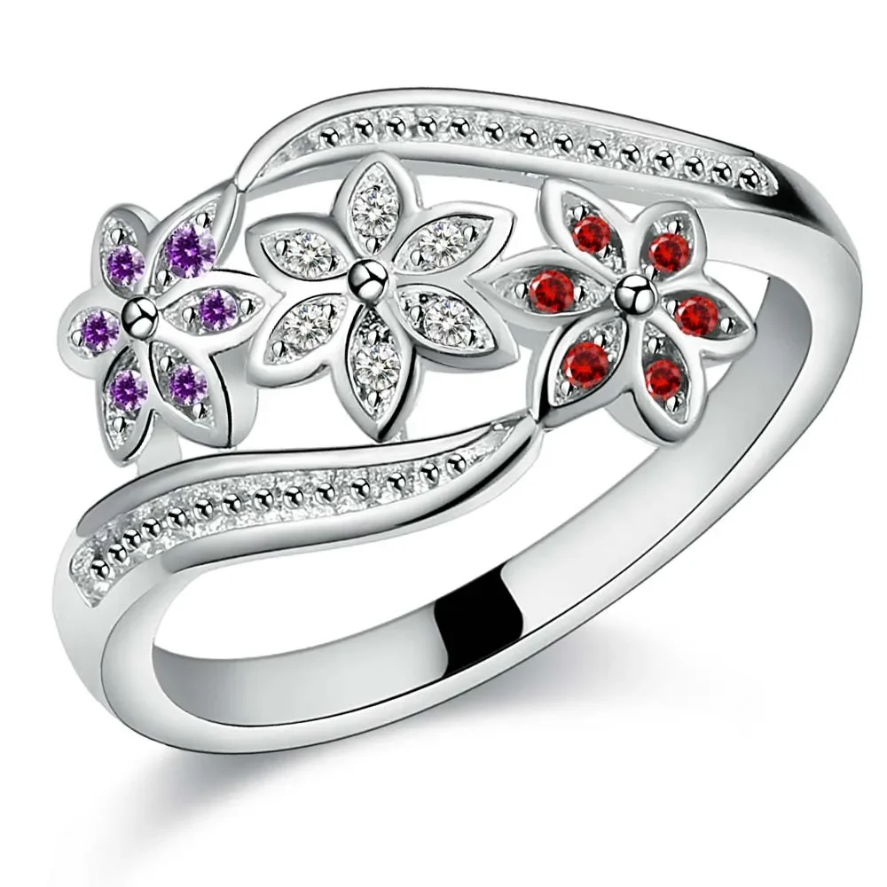 925 Sterling Silver high quality For women lady wedding inlaid stone crystal flower ring fashion  jewelry