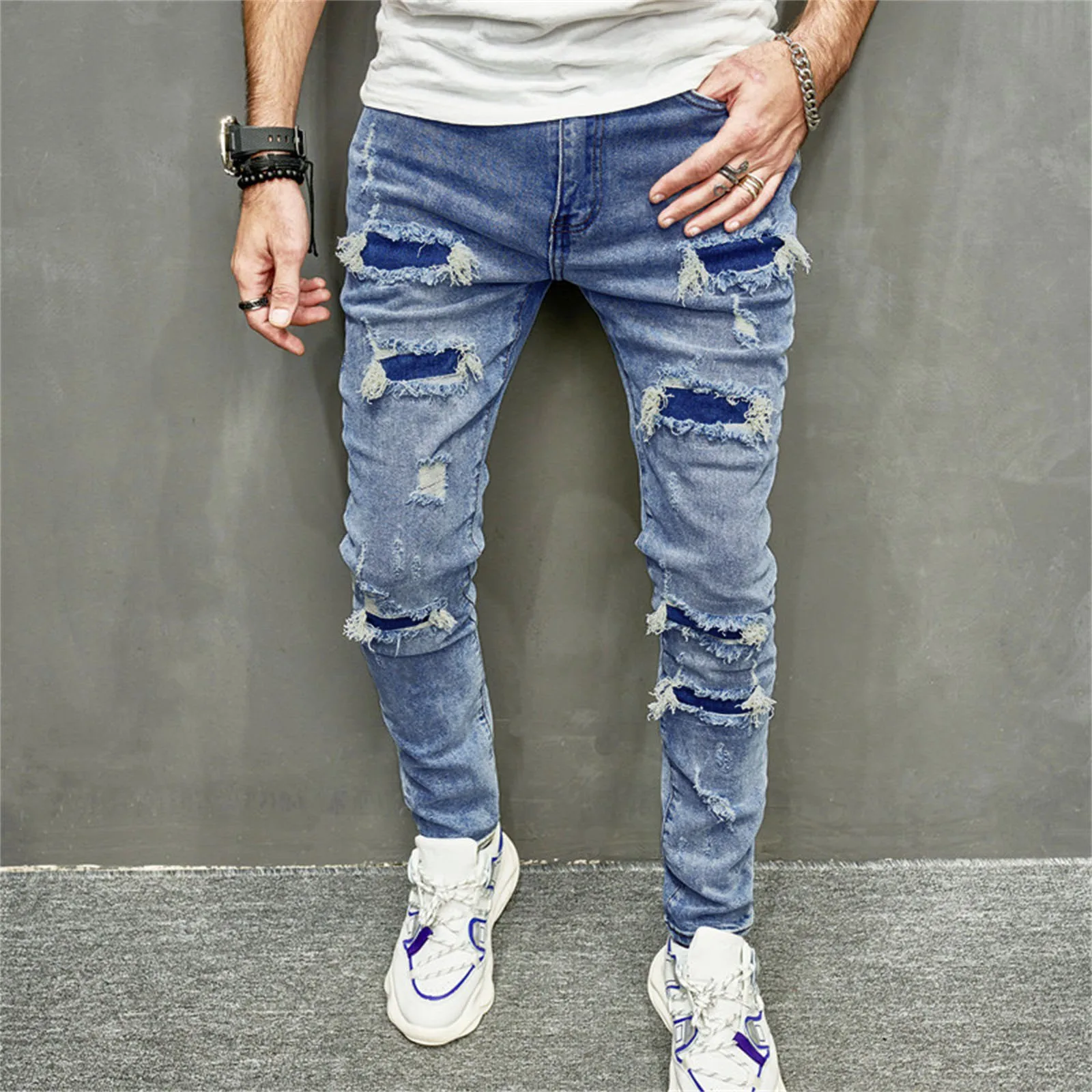 Men'S Jeans Comfort Stretch Denim Straight Leg Relaxed Solid Color Multiple Patch High Elasticity Wide Leg Business Pants Male