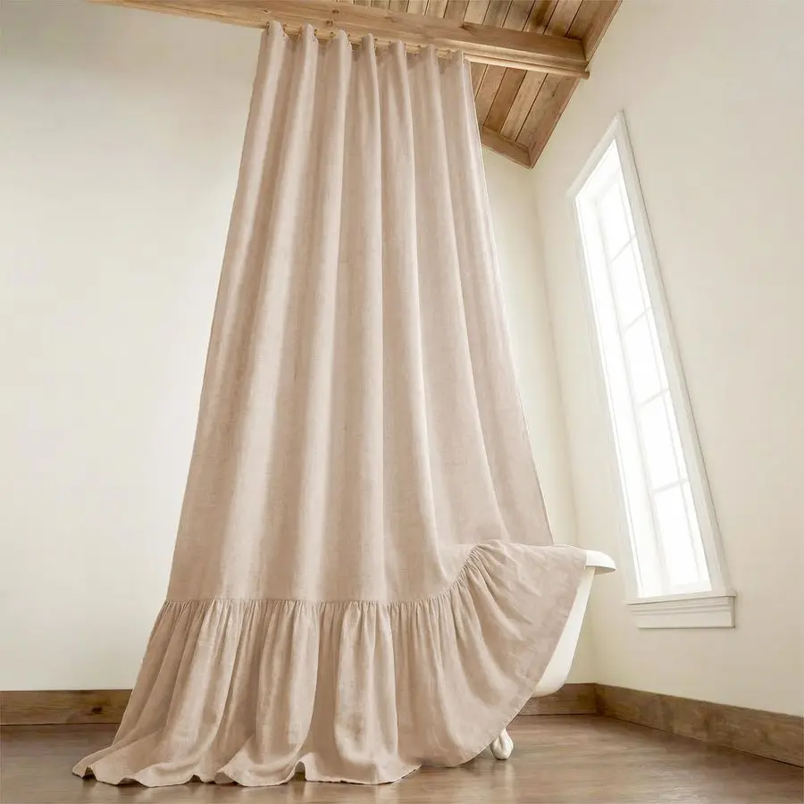 

Длинные шторы для душа 96 дюймов в стиле фермерского дома с оборками, льняные, бежевые, для ванной комнаты, в деревенском винтажном стиле, натуральные