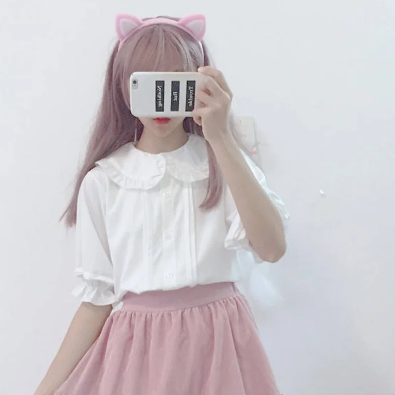 HOUZHOU White Shirt Kawaii Peter Pan Collar Preppy Style Blouses Woman Sweet Ruffle Short Sleeve Tops Summer 2022 Fashion