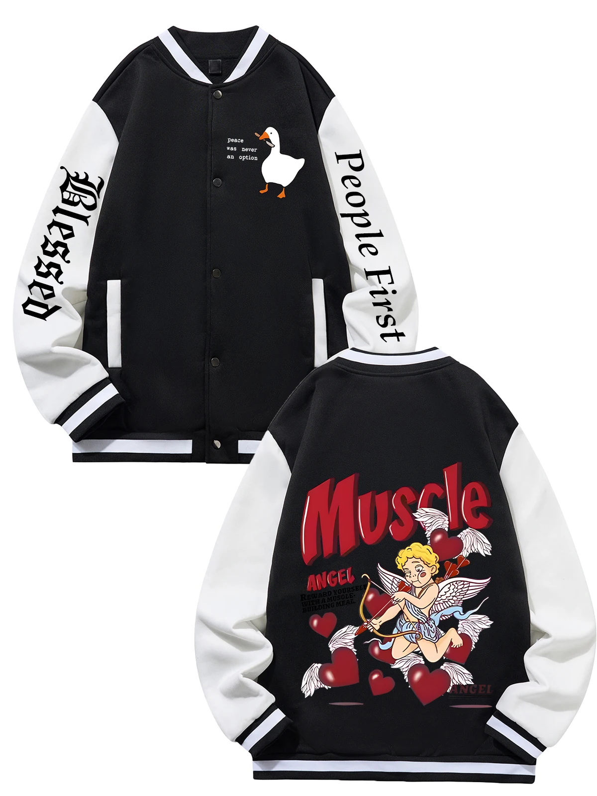 

Black Blue Green Double-Sided Print Jacket Loose Oversized XS-XXL Unisex Baseball Jacket Streetwear Coat Warm Fleece Soft Jacket