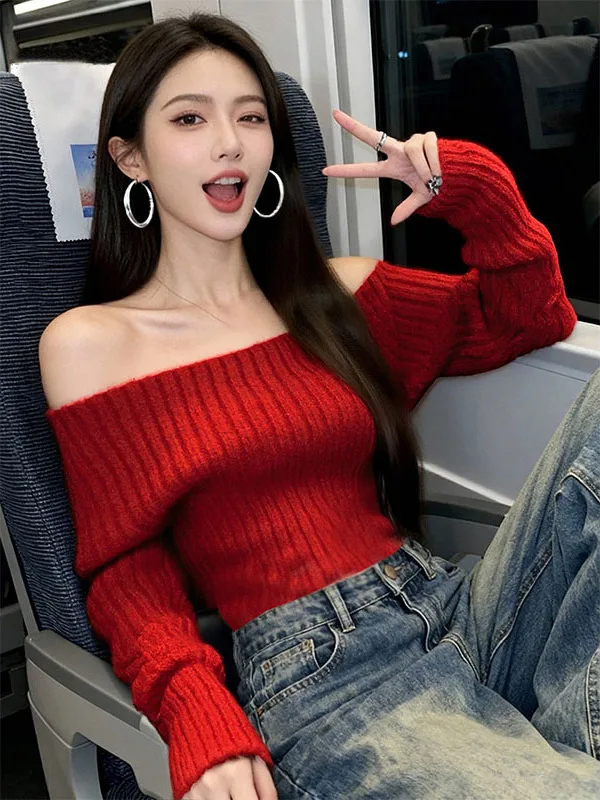 

Red Knitted Long Sleeve One Shoulder Vest Women's Loose Fit Comfortable Slimming Top Korean Style Pure Desire Lazy Atmosphere